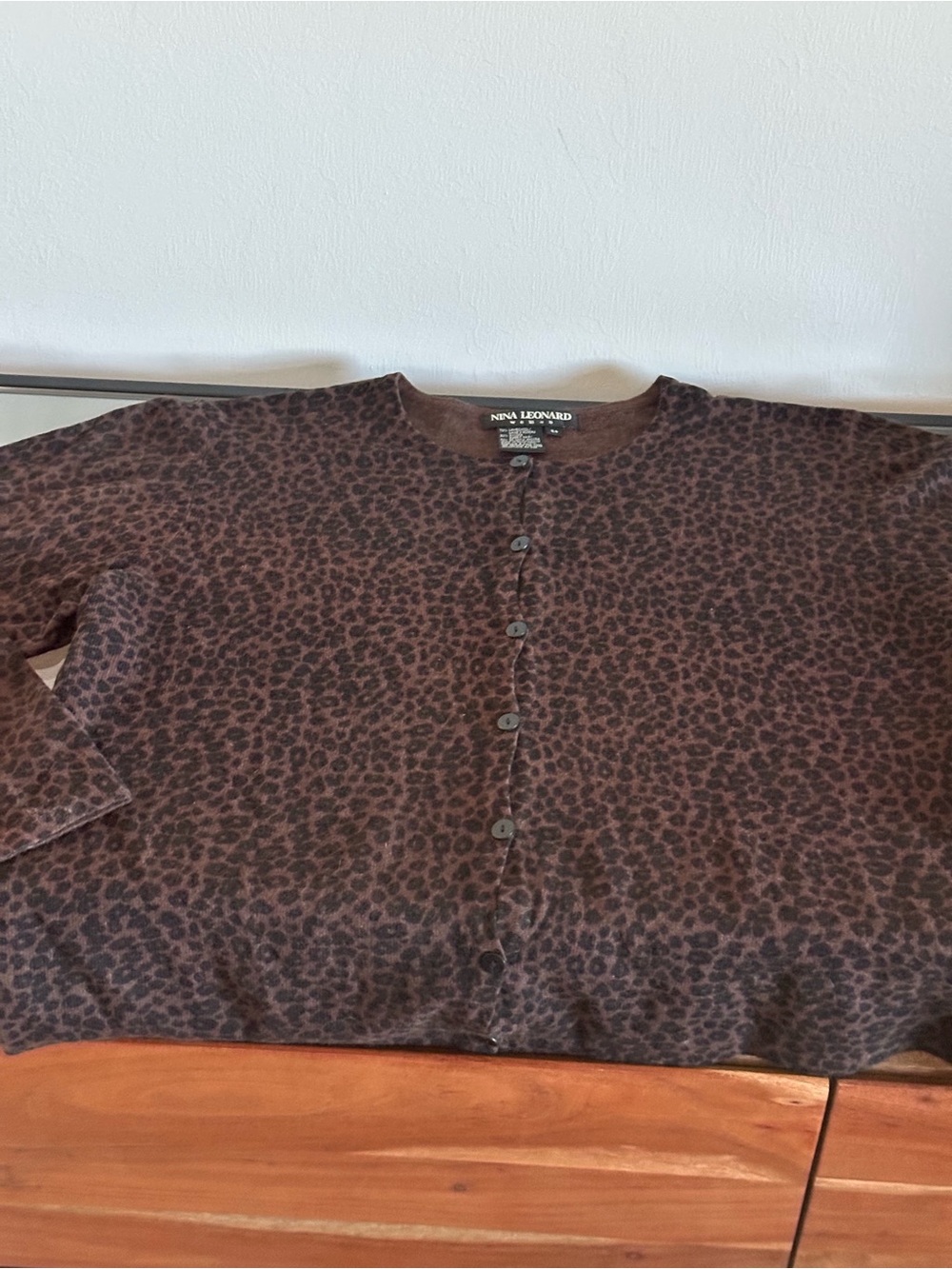 Vtg Nina Leonard Leopard Angora Lambswool Cardigan Sweater Rich Chocolate Brown